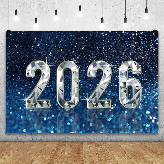 YongFoto 2026 Happy New Year Backdrop 15x10ft Diamond Sparkle Blue Photography Background Christmas Night Festival Carnival Celebration Party Banquet Decor Banner Photoshoot Wallpaper Photo Booth