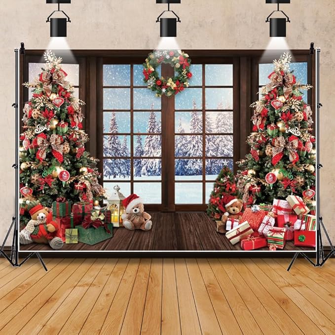 Leowefowa 15x10ft Christmas Backdrop Snow Scenery Nature Forest Christmas Tree Background Winter Vintage Window Merry Festival Family Decor Party Banner Photo Supplies Prop