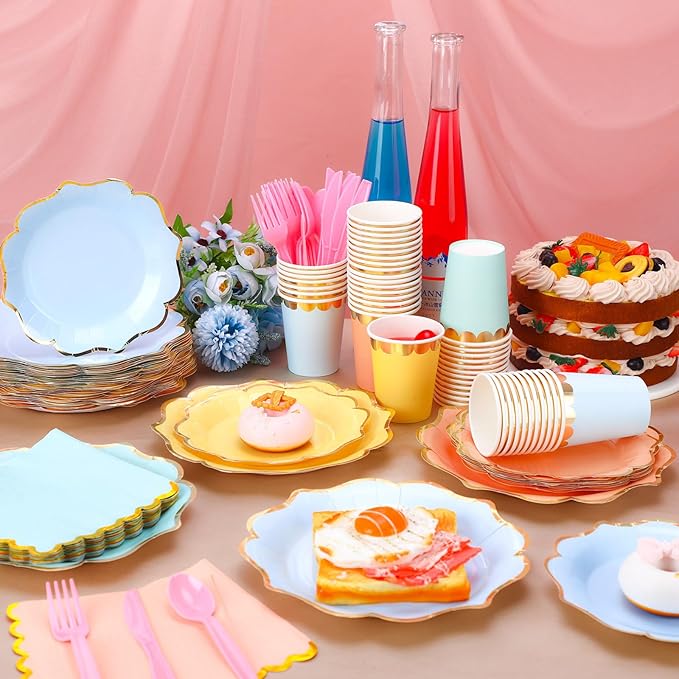 Yaomiao 336 Pcs Plates and Napkins Party Supplies Disposable Dinnerware Set Scalloped Plates Cups Napkin with Plastic Forks Knives Spoons Serve 48 Guests for Birthday Wedding (Multicolor,Irregular)