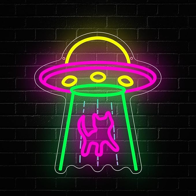 Cat Neon Sign, UFO Cat Spaceship Space Travel Led Neon Light Signs Cat Night Lamp for Astronomy Game Room Man Cave Party Decorations Bedroom Birthday Gift USB Powered(14.4” x 12.6")