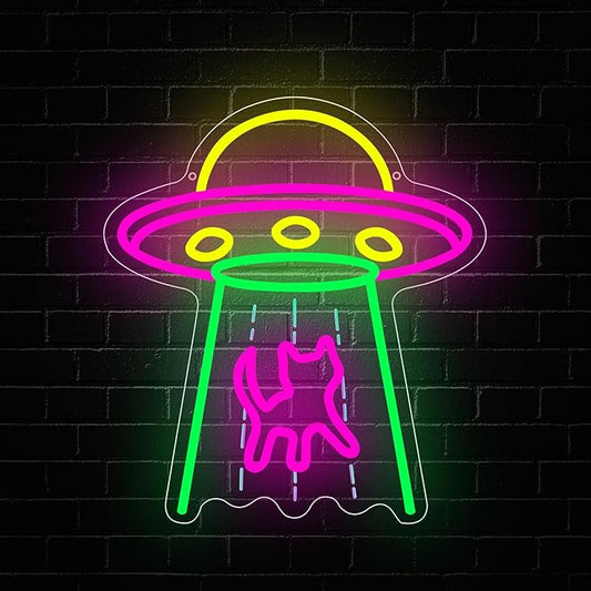 Cat Neon Sign, UFO Cat Spaceship Space Travel Led Neon Light Signs Cat Night Lamp for Astronomy Game Room Man Cave Party Decorations Bedroom Birthday Gift USB Powered(14.4” x 12.6")