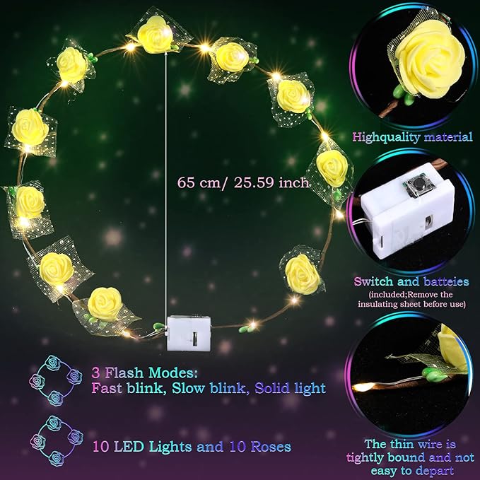 Chumia 50 Pcs LED Flower Crowns Headbands Light up Flower Wreath Garlands Glow in the Dark Floral Headpiece Hair Accessories for Women Valentine Mardi Gras Birthday Cosplay Holiday Wedding Beach Party