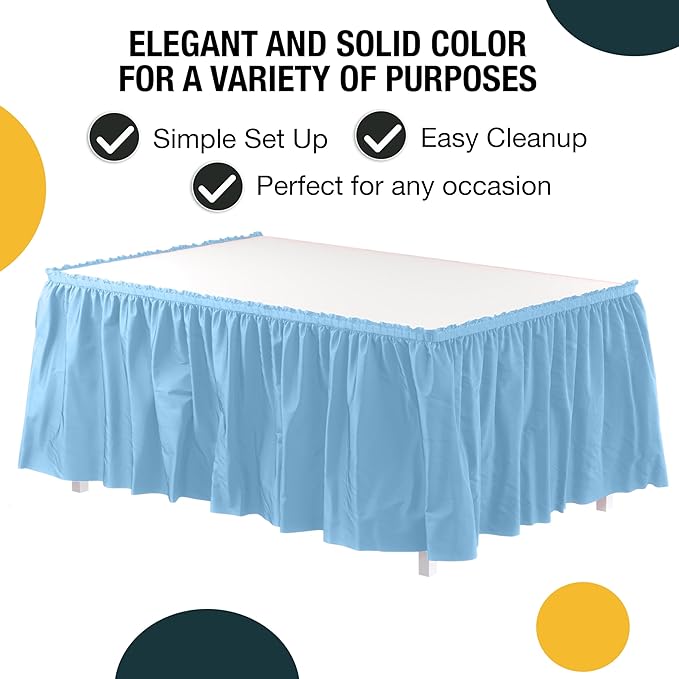 Exquisite Ruffle Table Skirt Light Blue 48 Pack 14 Ft Long Table Skirts for Rectangle Tables 6ft Plus or Round Tables Skirts with Adhesive Strip for Gender Reveal Decor & Happy Birthday Parties