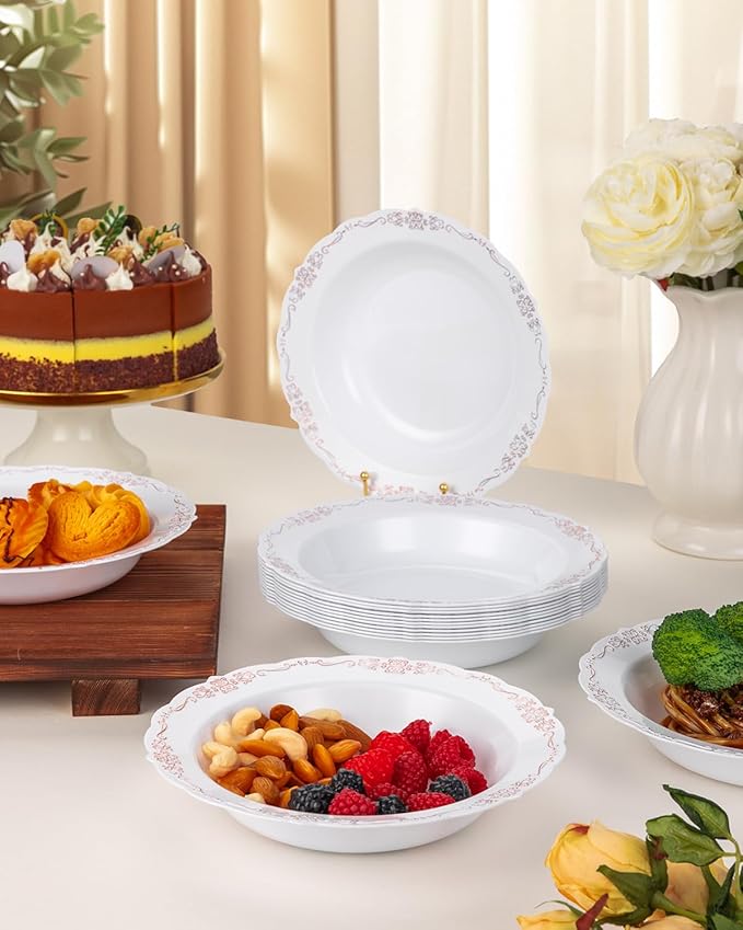 100 Pack White Plastic Bowls with Rose Gold Rim, 12oz Plastic Dessert Bowl, Bowls Disposable Heavy Duty for Hot Soup, Dessert, Salad, Cake, Ice Cream, Fruit for Valentine's Day