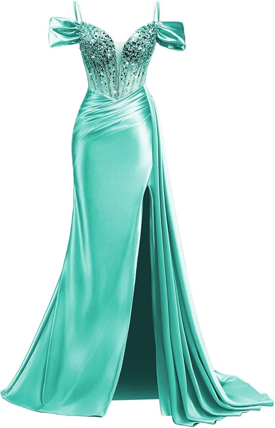 Rjer Off The Shoulder Satin Prom Dresses Long with Slit Tail 2026 Sequin Beaded Pleated Evening Ball Gown for Women Formal