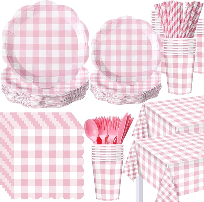 452 Pcs Pink Gingham Party Supplies for 50 Guests, White and Pink Checkered Paper Plates Napkins Cups Tablecloth Cutlery Straws for Picnic Birthday Baby Shower Wedding Party Decoration