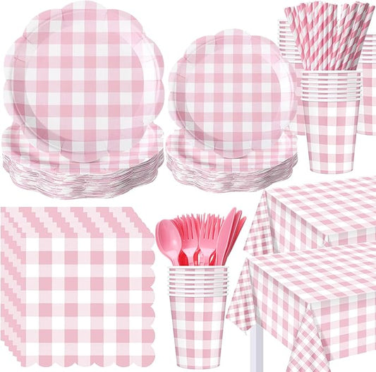 452 Pcs Pink Gingham Party Supplies for 50 Guests, White and Pink Checkered Paper Plates Napkins Cups Tablecloth Cutlery Straws for Picnic Birthday Baby Shower Wedding Party Decoration