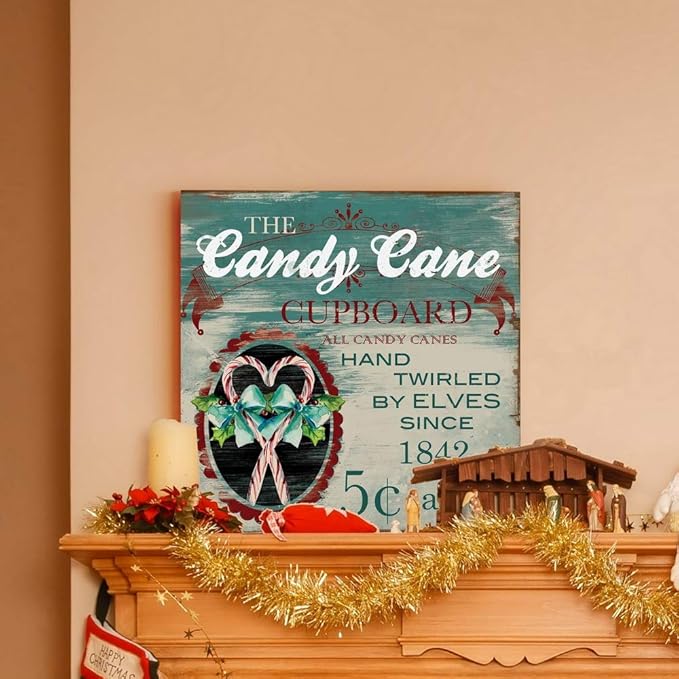 Renditions Gallery Candy Cane Cupboard Wall Art, Cute Christmas & Winter Decor, Vintage Faux Wood Look, Festive, Premium Gallery Wrapped Canvas, Ready to Hang, 40 in H x 40 in W, Made in America