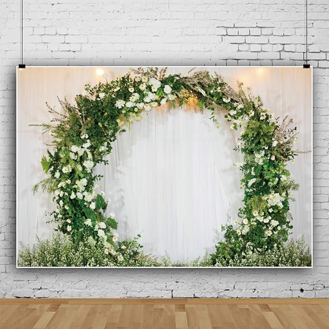 OERJU 10x7ft Romantic Wedding Backdrop 3D Arched Wreath White Curtain Bridal Floral Wall Photography Background Valentine's Day Bridal Shower Reception Ceremony Decor Banner Vinyl Wallpaper