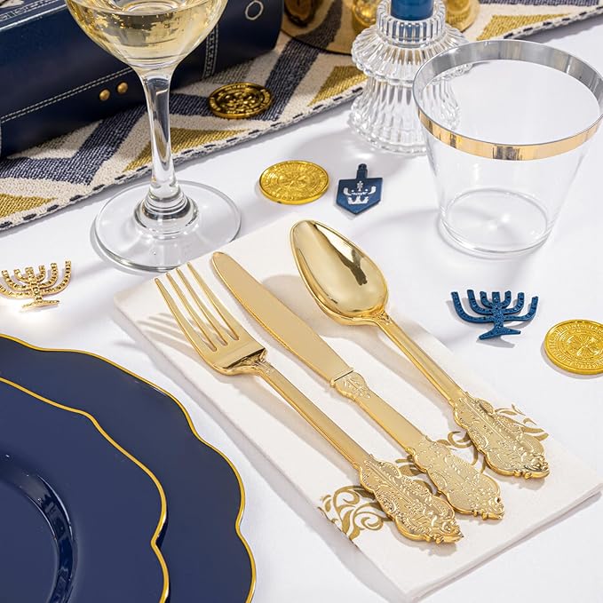 NOCCUR 175PCS Blue Plastic Plates with Disposable Silverware - Include 50 Blue Disposable Plates with Gold Rim,75 Gold Cutlery,25 Cups,25Napkins for Party/Wedding
