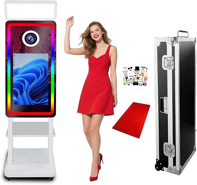 Magic Mirror Photo Booth, 40inch Mirror Photobooth Machine with 21.5" Touch Screen, Adjustable Lighting, Instant Printing, for Parties Christmas Weddings Events (White,Without Camera Printer)