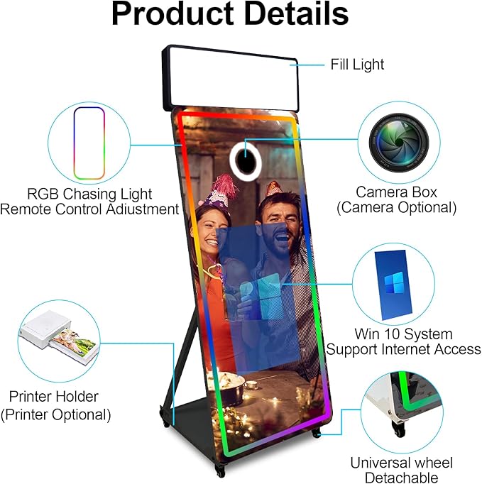 Magic Mirror Photo Booth,Mirror Photo Booth Interactive Touch Screen with Flight Case, Built-in Mini PC with Instant Print and Sharing for Event Party Wedding Rental (Black, 32''Screen+Camera)