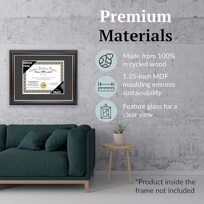 Creative Picture Frames 14" x 11" Rockefeller Black with Gold Rim Diploma Frame, Displays 14" x 11" Certificate or 16" x 20" Document without Mat, College Degree Frame, Full-Strength Glass, Black Mat