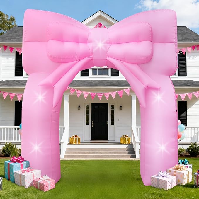 9FT Pink Bow Inflatable Arch Outdoor Decorations Giant Blow-up Pink Bow Arch Built-in 5 LED Lights for Birthday Party Decor Wedding Bachelorette Bridal Coquette Supplies for Women Yard Garden Lawn
