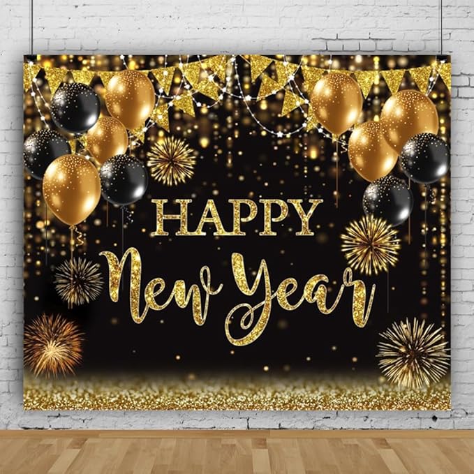 Happy New Year Backdrop 10x8ft Shining Black and Gold Balloons Background Happy 2025 New Year Backdrop 2025 New Year Eve Photo Backdrops for Photography NYE Party Portrait Photo Studio Props