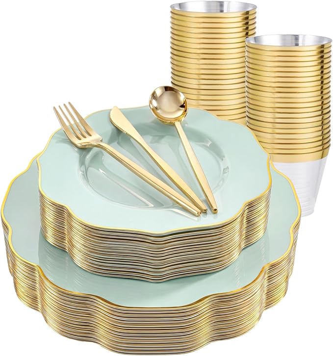 bUCLA 180PCS Green Plastic Plates - Disposable Sage Green with Gold Rim - Include 30 (Dinner & Dessert) Plates, 30 Knives, 30 Forks, 30 Spoons and 30 Cups for Party & Spring