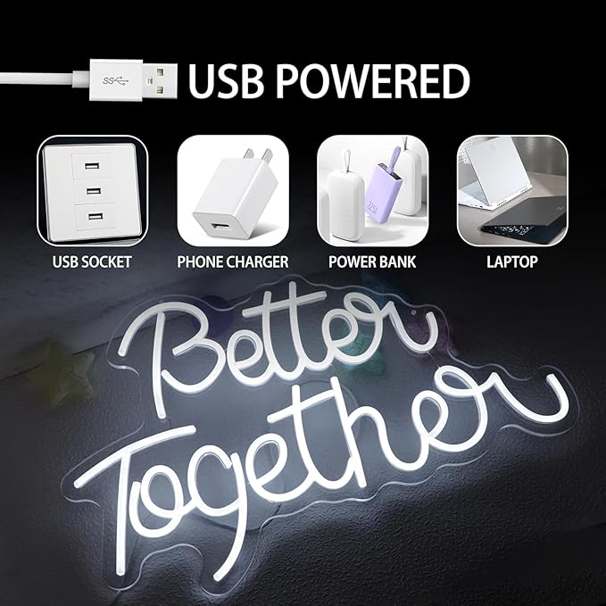 Better Together Neon Sign for Party Backdrop Wall Decor Better Together LED Light Up Letters for Party Decorations Neon Lights Teen Bedroom Reunion Decoration Gifts Photo Prop USB 21.7x13.8 Inch (white)