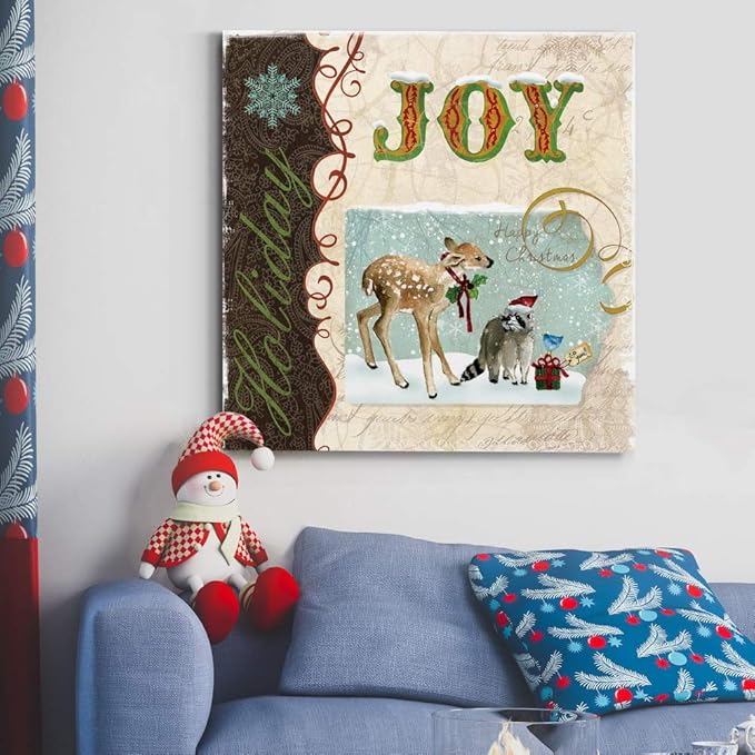 Renditions Gallery Holiday Joy Wall Art, Cute Winter Decor, Festive Fawn Deer, Raccoon, & Bluebird with Present, Premium Gallery Wrapped Canvas, Ready to Hang, 32 in H x 32 in W, Made in America