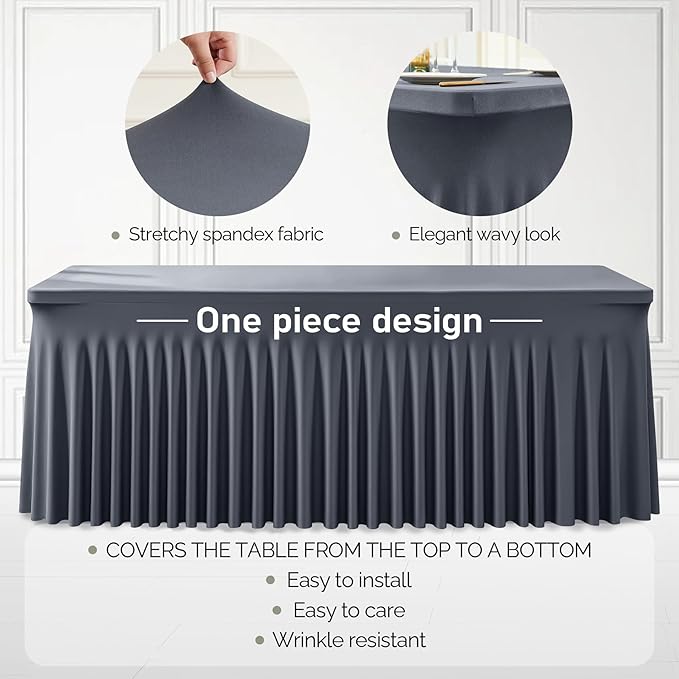 2 Packs Grey Table Clothes for 6 Foot Rectangle Tables, One-Piece Wrinkle Resistant Stretch Spandex Table Covers with Skirt for Event Banquet Wedding Birthday Party