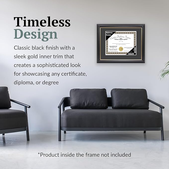 Creative Picture Frames 12" x 15" Rockefeller Black with Gold Rim Diploma Frame, Displays 12" x 15" Certificate or 16" x 20" Document without Mat, College Degree Frame, Full-Strength Glass, Black Mat