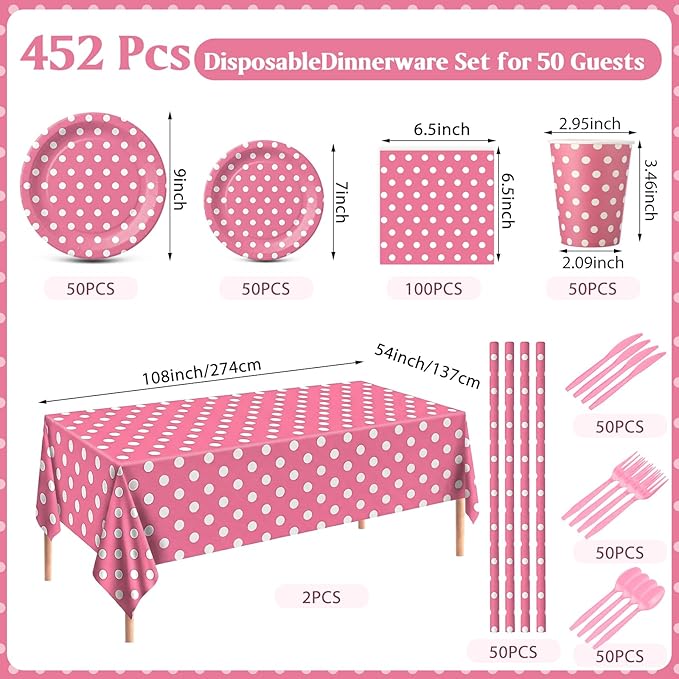 452 Pcs Pink Polka Dot Party Supplies for 50, Pink and White Polka Dot Paper Plates Napkins Cups Tablecloth Cutlery Straws for Mouse Birthday Carnival Family Picnic Barbecue Party Decoration