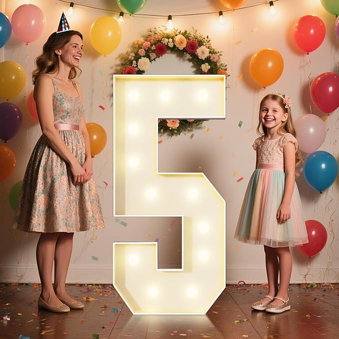4FT Marquee Numbers 5 Sign,Large Light Up Numbers Party Decoration - Hook and Loop Fastener,No Tools Easy Setup, Corrugated Plastic for Birthdays Weddings Baby Anniversaries(Numbers 5)