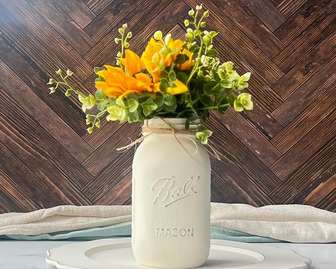 Sunflower Mason Jar Centerpieces - Sunflower Table Decor Centerpieces - Set of 5-32 oz Hand-Painted Mason Jars with Faux Sunflower Wedding Centerpieces (5 Ivory w/Greenery/Sunflower)