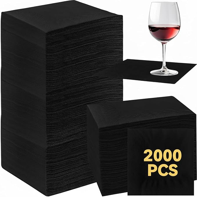 Henoyso 2000 Pack 2 Ply Black Cocktail Napkins Bulk 9.8'' x 9.8'' Disposable Bamboo Dinner Beverage Paper Napkins for Wedding Bar Party Birthday Cocktail Holiday Elegant Restaurant Event