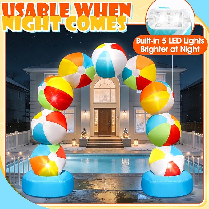 8FT Winter Inflatable Beach Ball Arch Blow Up Arch Built-in 5 LED Lights for Winter Inflatables Outdoor Decorations Birthday Party Favors Spring Party Supplies for Pool Beach Yard Lawn Garden Decor