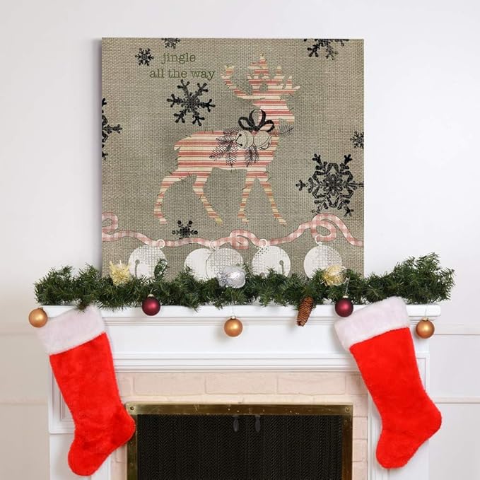 Renditions Gallery Jingle All The Way Reindeer Wall Art, Christmas & Winter Decor, White & Red Striped Fabric Look, Premium Gallery Wrapped Canvas, Ready to Hang, 32 in H x 32 in W, Made in America