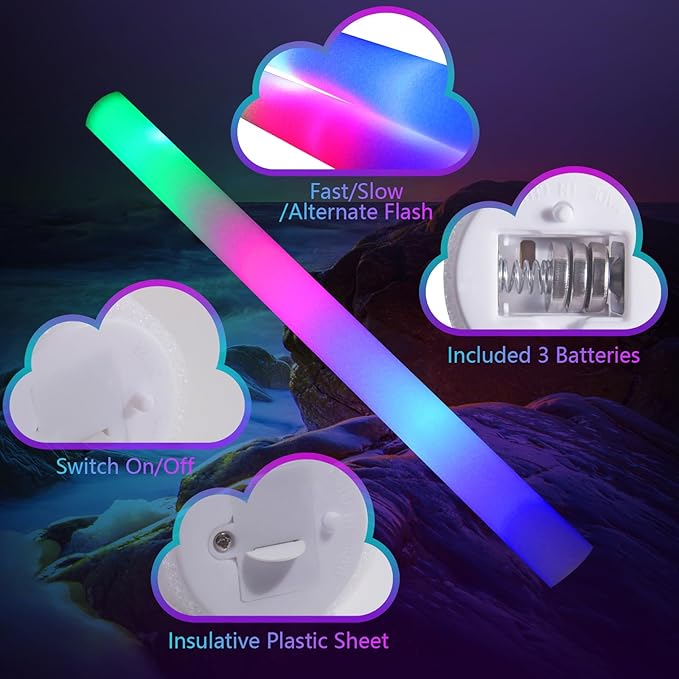 112 PCS Foam Glow Sticks, Foam Light Up Sticks Party Supplies with 3 Mode Colorful Flashing, Glow Sticks Bulk Party Pack, Led Foam Sticks for Birthday, Wedding, New Year, Carnival, Concert