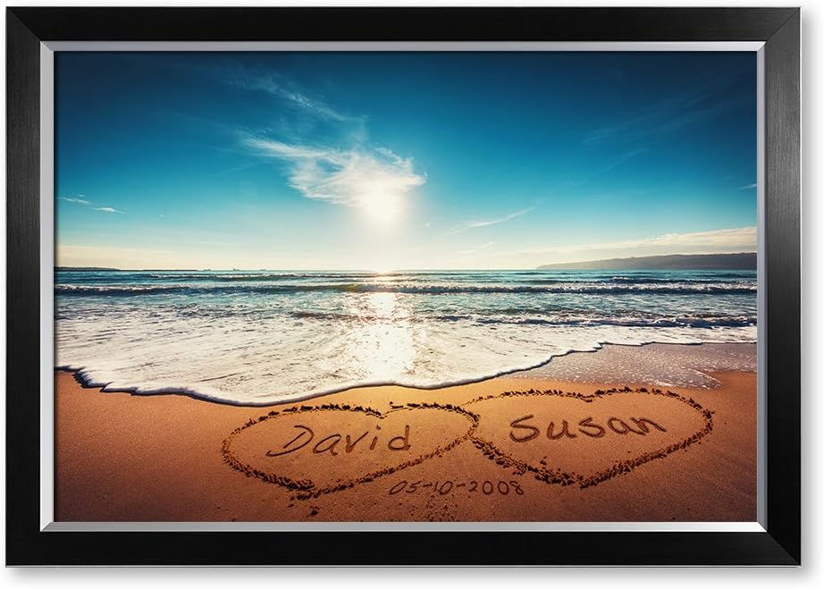 IPIC - Heart in Heart, Personalized Artwork with Names and Date on, Customized Gift for Anniversary,Wedding,Birthday and Holidays. Picture size: 30x20, Framed Size: 33x23