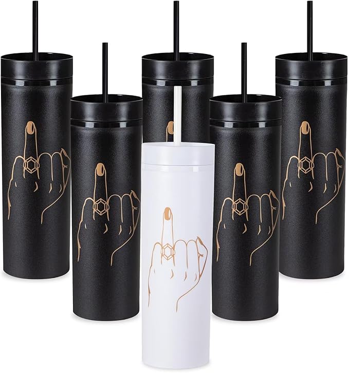 6 Pack Ring Finger Skinny Tumblers| 16 oz Bachelorette Party Cups.Engagement Wedding Gifts.Bridesmaid Proposal Gifts.Bridal Shower Gifts.Bride Bridesmaids Bridal Party Tumblers Cups(Black).