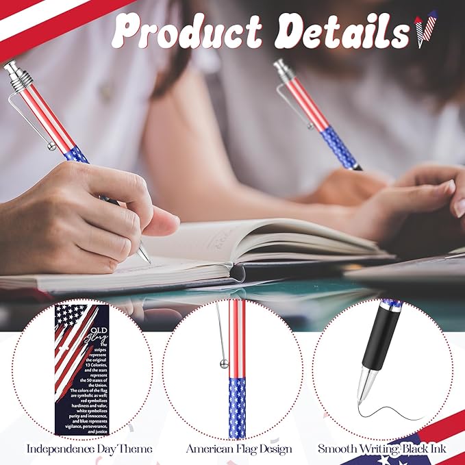 200 Sets American Flag Ballpoint Pens Bulk USA Patriotic Themed Black Ink Retractable Pen Stars Stripes Bookmarks Stationery Valentines Party Gifts for Home Office Army Veterans Souvenirs