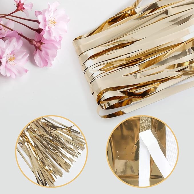 Champagne Gold Foil Fringe Curtains 50 Pack 3.2ft x 8.2ft Fringe Backdrop Curtains Metallic Tinsel Streamer Photo Backdrop for Birthday Party Decorations Halloween Christmas Party Supply