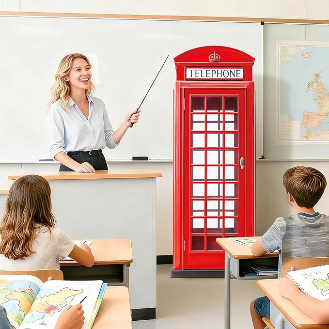 6 Ft Red British Phone Booth Cardboard Cutout English Telephone Booth Stand up Cutout Life Size Classic Red Telephone Box Prop for British Theme Birthday Party Graduation Office Event Decor