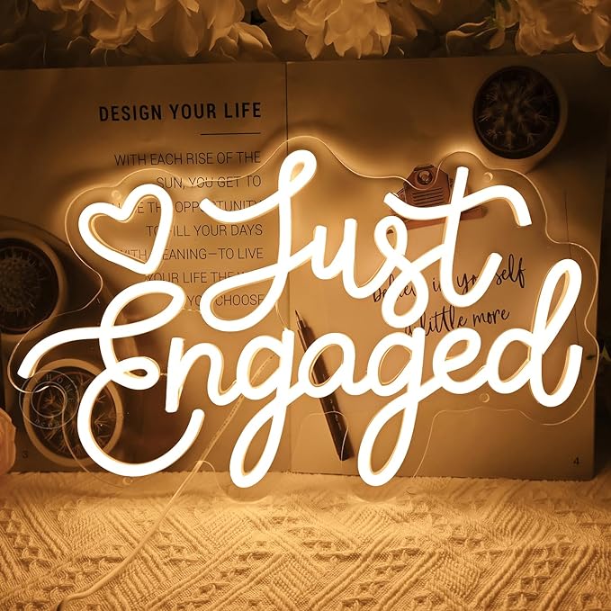 SYLHOME Just Engaged Led Neon Light Sign Heart Wall Decor Sign Wedding Proposal Married Party Bridal Shower Engagement Backdrop USB 15.75"X9.72" Warm