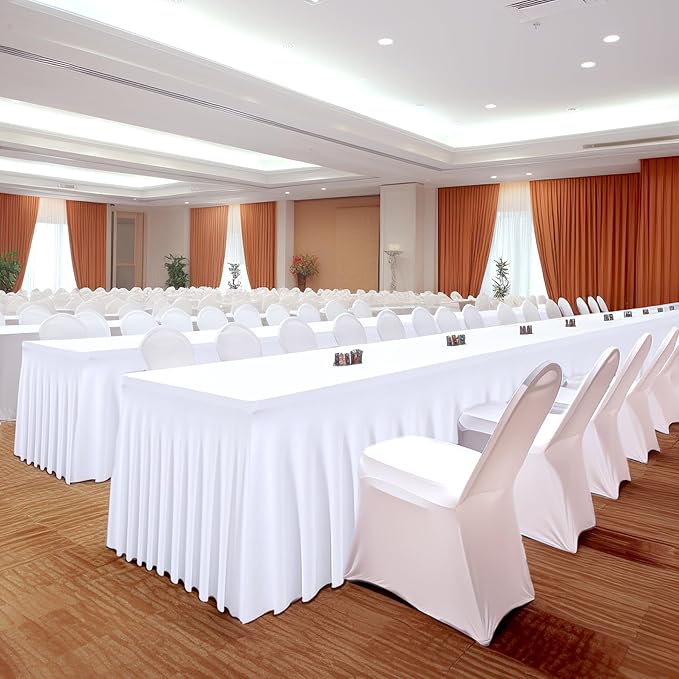 2 Packs White Tableclothes for 4 Foot Rectangle Tables, Wrinkle Resistant Fitted Table Cloth Stretch Spandex Table Covers with Skirt for Event Banquet Wedding Birthday Party
