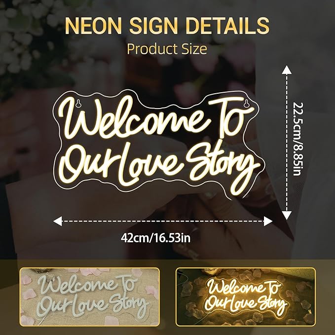 Wedding Neon Sign Welcome to Our Love Story Neon Signs for Wall Decor Warm White Led Lights Couple Light Up for Wedding Bedroom Home Anniversary Party Decoration Lover Gifts
