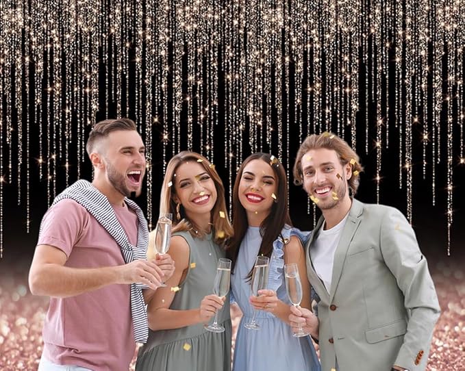Black and Rose Gold Backdrop 12x10ft Glitter Photography Background for Girl Women Birthday Wedding Baby Shower Bridal Shower Graduation Backdrops Party Decoration Banner Photo Props