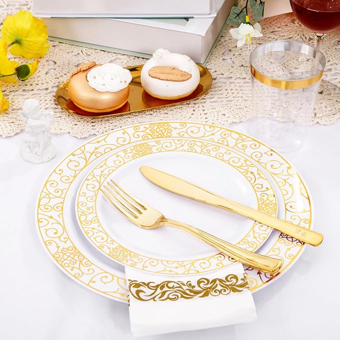 LIYH 700 Pcs Gold Plastic Dinnerware Set for 100 Guests - Plastic Plates for Party Includes Disposable Plates, Cups, Wedding Napkins and Disposable Cutlery Elegant White & Gold Design for Wedding