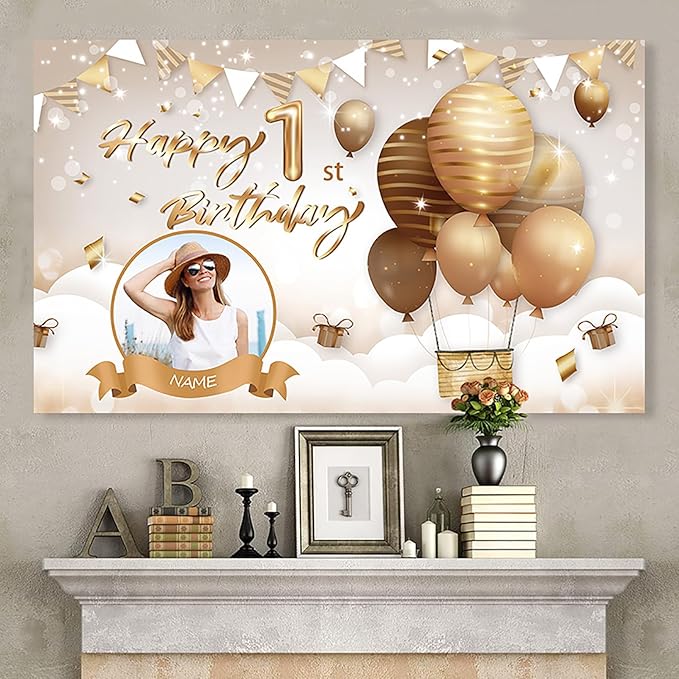 Custom Beige Happy Birthday Banner Backdrop Large Happy Birthday Hot Air Balloon Backgroud Party Indoor Outdoor Car Decoration Supplies for Girl Women (5x7.5ft)