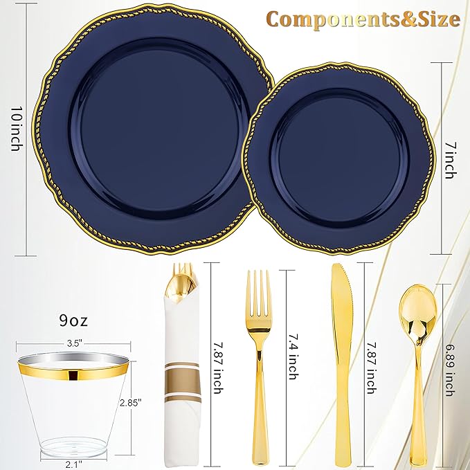 Hioasis 350pcs Blue and gold Plastic Plates - Blue Plastic Dinnerware Set Includes 50 Dinner Plates, 50 Dessert Dinnerware, 50 Cups, 50 Rolled Napkin Cutlery Perfect for Wedding