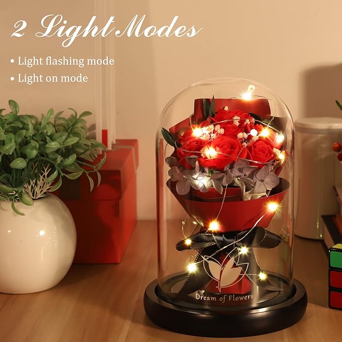 Valentines Day Gifts for Her,Birthday Gifts for Women,Beauty and the Beast Rose in Glass Dome with 2 Light Modes,Enchanted rose Flower Roses Bouquets Valentines Gifts for Daughter Mom Wife Girlfriend
