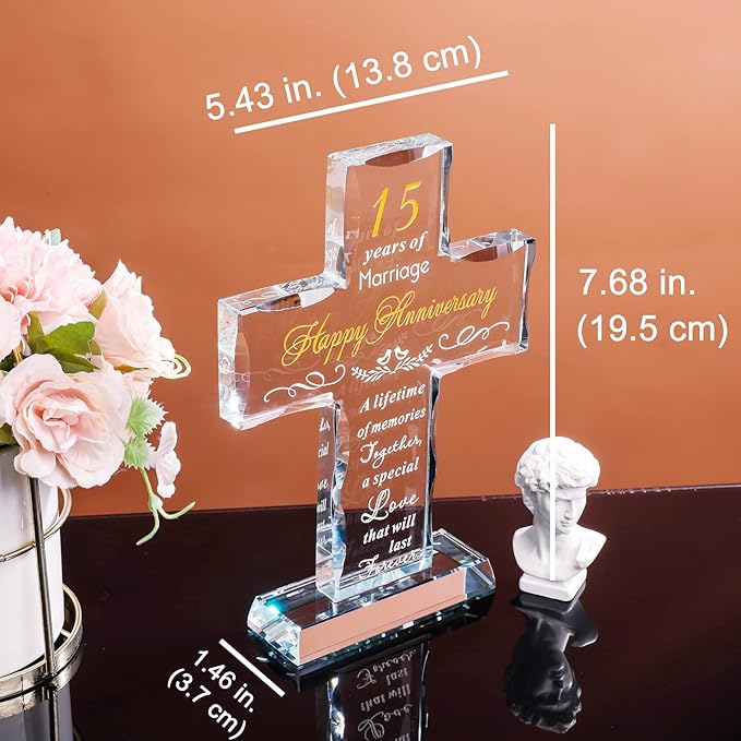 YWHL Happy 15th Anniversary Glass Cross Gifts for Couples, 15 Year Cross Wedding Anniversary Romantic Gifts for Her, 15 Years of Marriage Present for Him