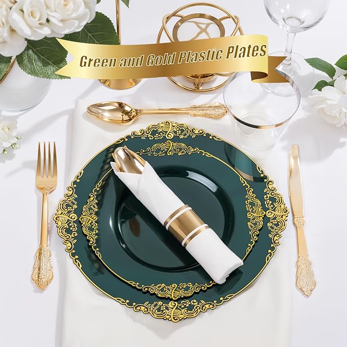 Nervure 100PCS Green and Gold Plastic Plates - 10.25inch Green Disposable Plates - Heavyweight Dinner Plate for Wedding & Party