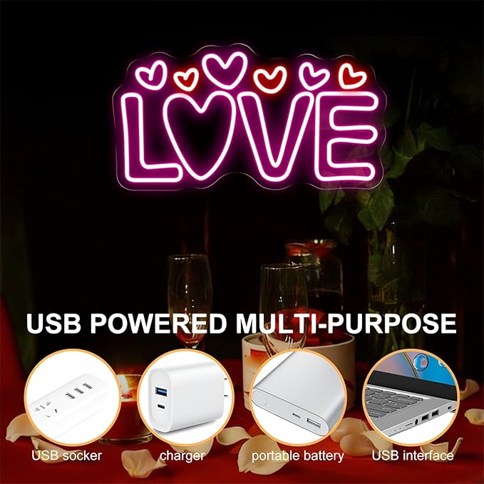 LOVE Neon Sign for Wall Decor, Romantic Heart LED Neon Light for Valentine’s Day, Wedding & Engagement Decorations, Iconic Neon Wall Art for Bedroom, Living Room & Party Backdrop 16.5"x8.9"