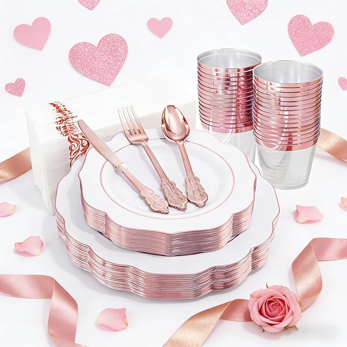 NOCCUR 175PCS Rose Gold Plastic Plates with Disposable Silverware - Include 25Dinner Plates, 25Dessert Plates, 25Forks, 25Knives, 25Spoons, 25Cups, 25Napkins for Wedding&Party