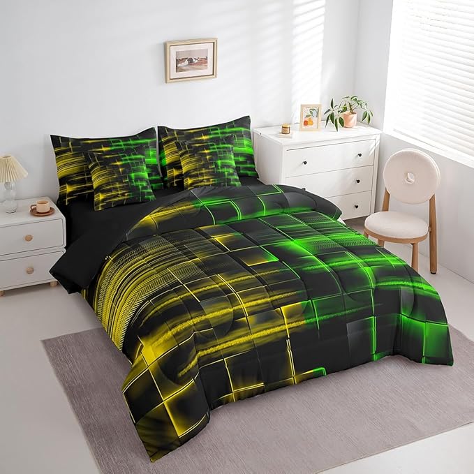 Feelyou Green and Yellow Comforter Set with Sheets 7 Piece King Size Kids Geometric Bed in a Bag Strip Lines Bedding Set Abstract Art Bed Set with Comforter, Sheets,Cushion Covers