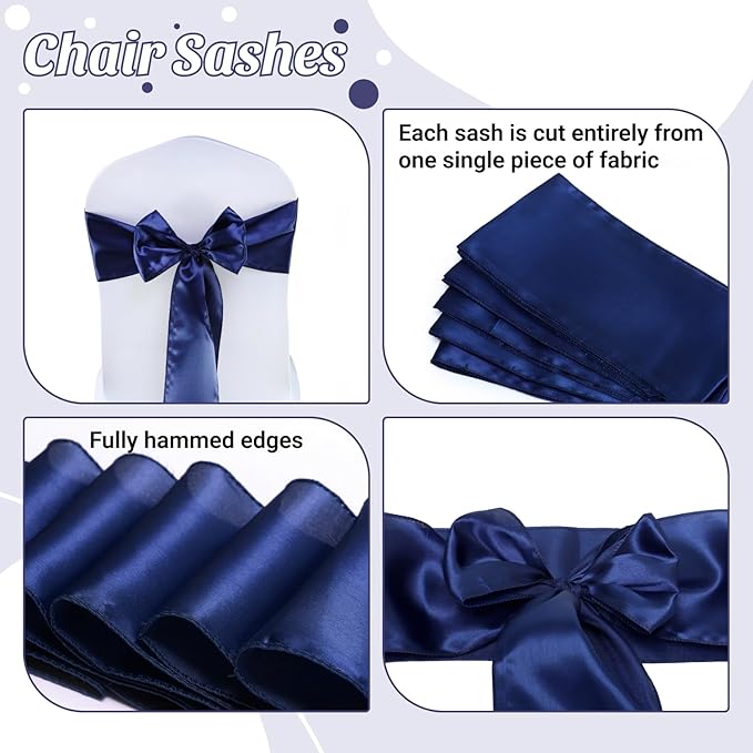 VDS Satin Chair Sashes Chair Cover Back Tie Sateen Bows Ribbon for Wedding Birthday Graduation Engagement Ceremony Event Party Banquet Venue Hotel All Dining Chair Decoration (100PC) (Navy Blue)